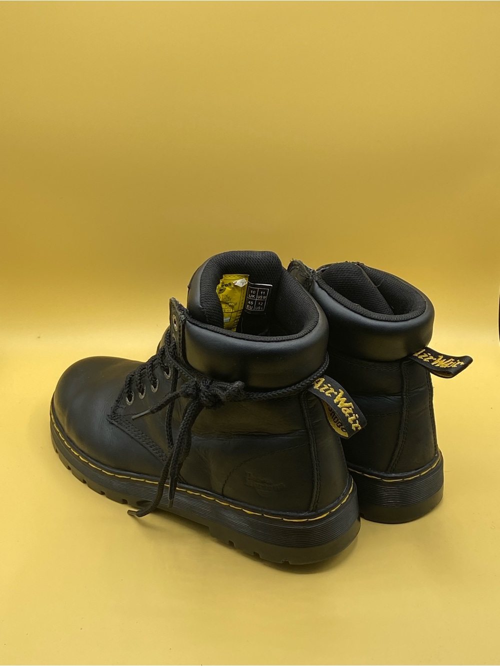 Dr. Martens Black Leather Lace-Up Work Boots with Yellow Stitching - Picture 3 of 4
